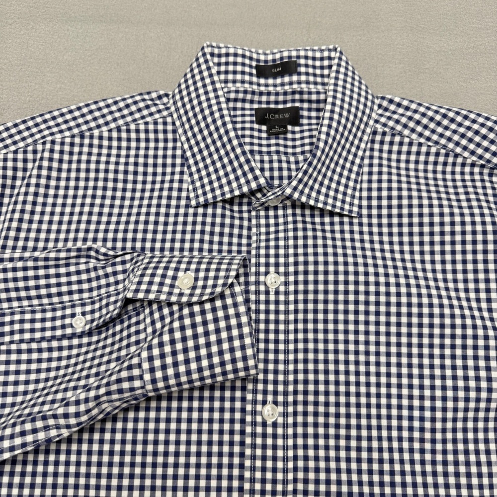 J.Crew Shirt Mens L Slim Navy Blue Gingham Cotton Stretch Long Sleeve